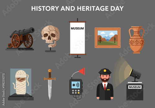 Collection of historical artifacts and museum exhibits representing history and heritage day