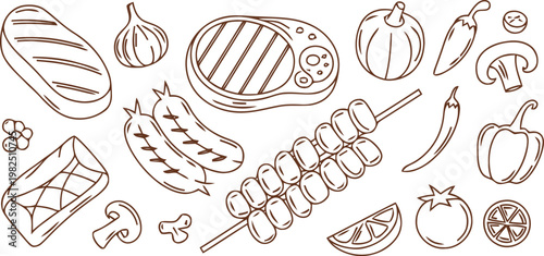 Hand drawn doodle set of grilled food meat and fresh vegetables icons