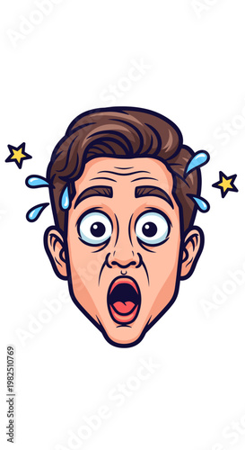 A cartoon illustration of a man's face with wide eyes and an open mouth, expressing shock and surprise with sweat droplets and stars around his head.