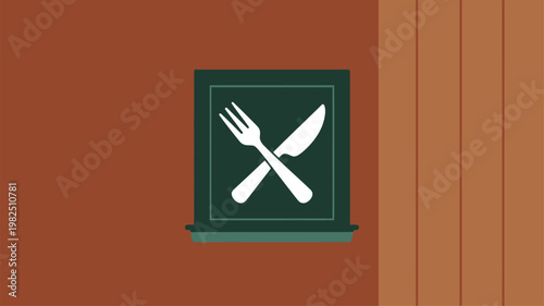 Restaurant sign with crossed fork and knife inside simple window frame