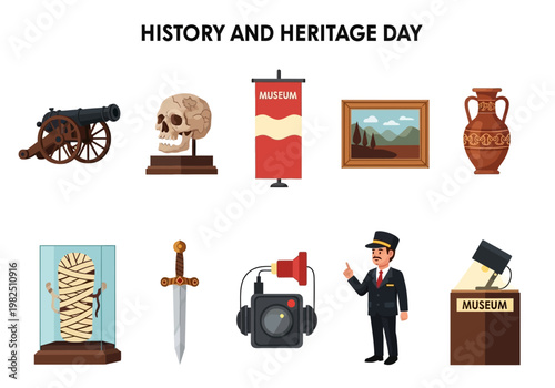 Explore history and heritage with museum artifacts and cultural symbols