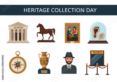 A collection of heritage artifacts, museum exhibits, and cultural symbols representing historical significance