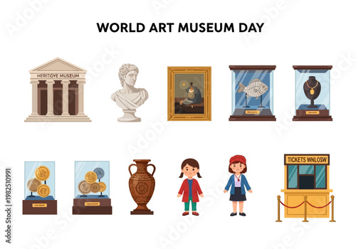 Collection of Art Museum Icons Celebrating World Art Museum Day with Cultural Artifacts and Exhibits