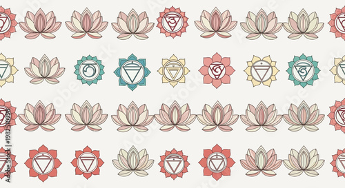 Seamless pattern with chakra symbols and lotus flowers.