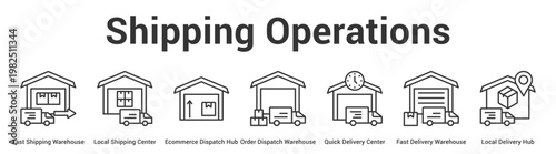 Shipping Operations web banner icon set vector illustration concept for business with icon of Fast Shipping Warehouse, Local Shipping Center, Ecommerce Dispatch Hub, Order Dispatch Warehouse, Qu.