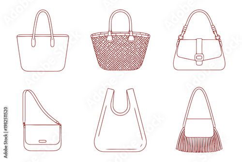 Set of six simple black and white line art fashion handbag icons