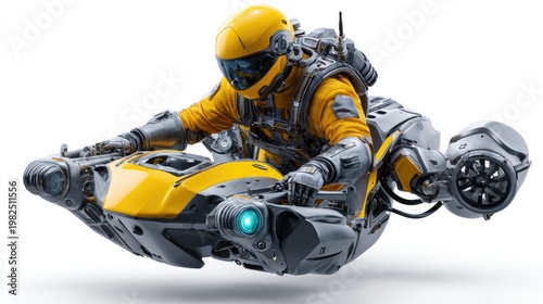 Futuristic Flight: A daring figure takes flight on a futuristic hovercraft, a spectacle of innovation and speed, set against a world of technological advancement.