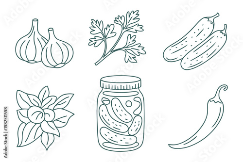 Set of hand drawn vegetables and a jar of pickles in black outline