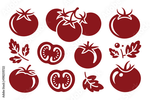 Set of simple red tomato vector icons and fresh organic vegetable