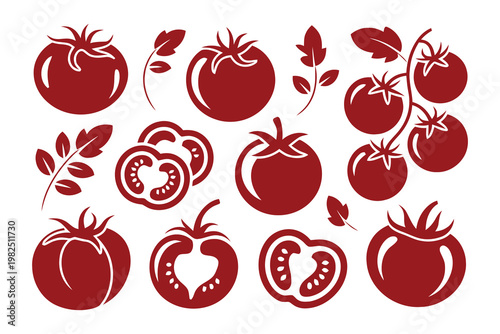 Set of fresh red tomato vegetable icons in a simple flat style design