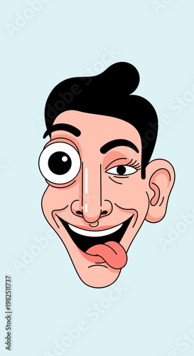 Cartoon illustration of a man's face with exaggerated features, one bulging eye, a squinted eye, and a wide grin with his tongue sticking out, conveying a silly or crazy expression.