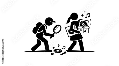 Vinyl Record Collector With Magnifying Glass Investigating Music