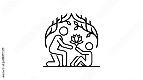 Parent Giving Flower to Child Under Tree Canopy