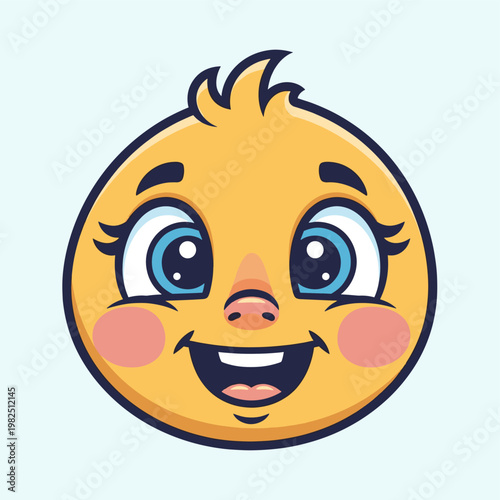 A cheerful cartoon chick with big blue eyes, rosy cheeks, and a wide, happy smile, set against a light blue background.