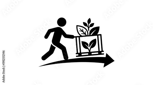 Person Pushing a Box of Plants with Arrow
