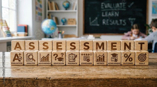 A wooden block display spells out the word 