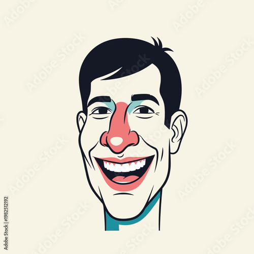 Stylized illustration of a smiling man with dark hair and a prominent red nose, featuring a wide, toothy grin in a cheerful cartoon style.