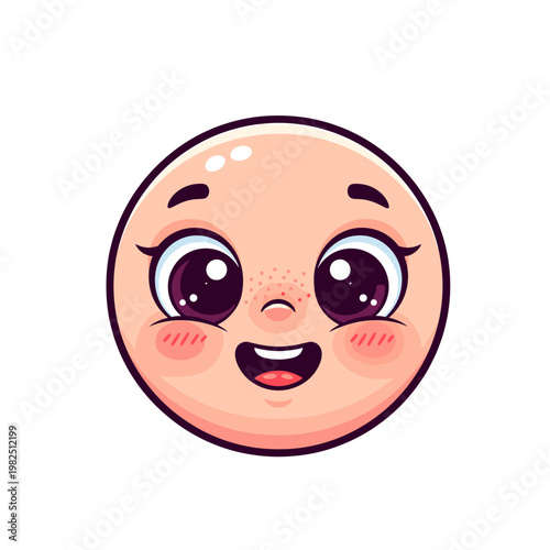 Cute cartoon baby face illustration with big sparkling eyes, rosy cheeks, and a happy, smiling expression.
