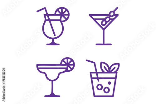 Set of simple outline icons of various refreshing cocktails and drinks