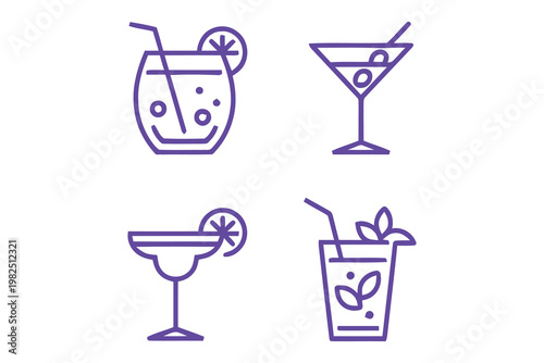 Set of four blue line vector icons of different alcoholic cocktails