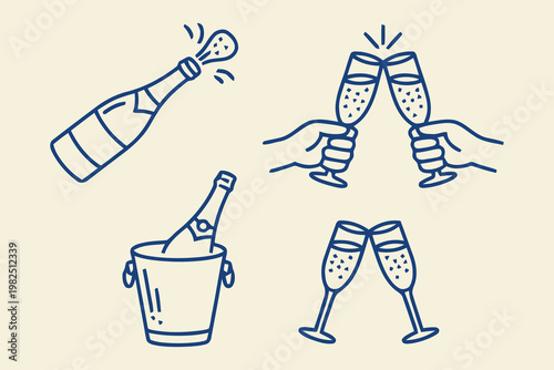 Set of champagne icons with bottles and glasses for celebration