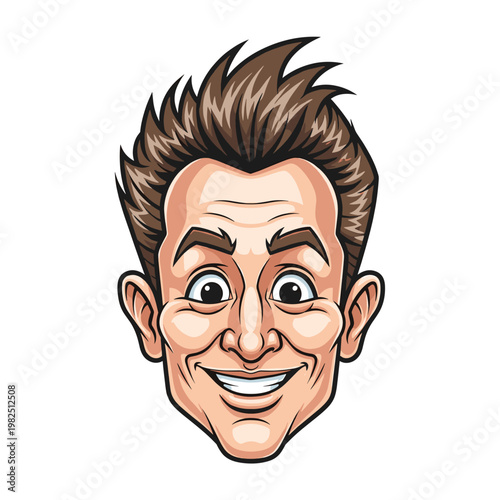 Cartoon illustration of a smiling man's head with spiky brown hair and a friendly, expressive face, depicted in a vibrant vector style.