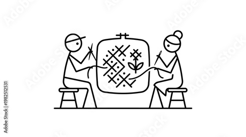 People Embroidering Together Line Art