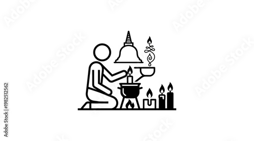 Buddhist Monk Praying at Altar in Temple