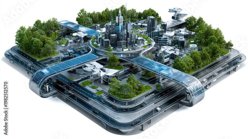Futuristic Urban Ecosystem: A conceptual illustration showcases a vibrant, eco-friendly city integrated with nature, representing a vision of sustainable urban living.