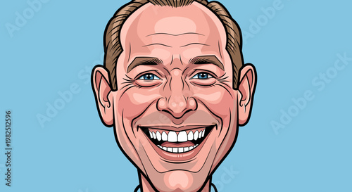A vibrant cartoon caricature of a smiling middle-aged man with blue eyes and light brown hair against a plain blue background.