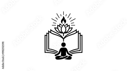 Meditating Figure with Lotus Flower and Open Book Symbol