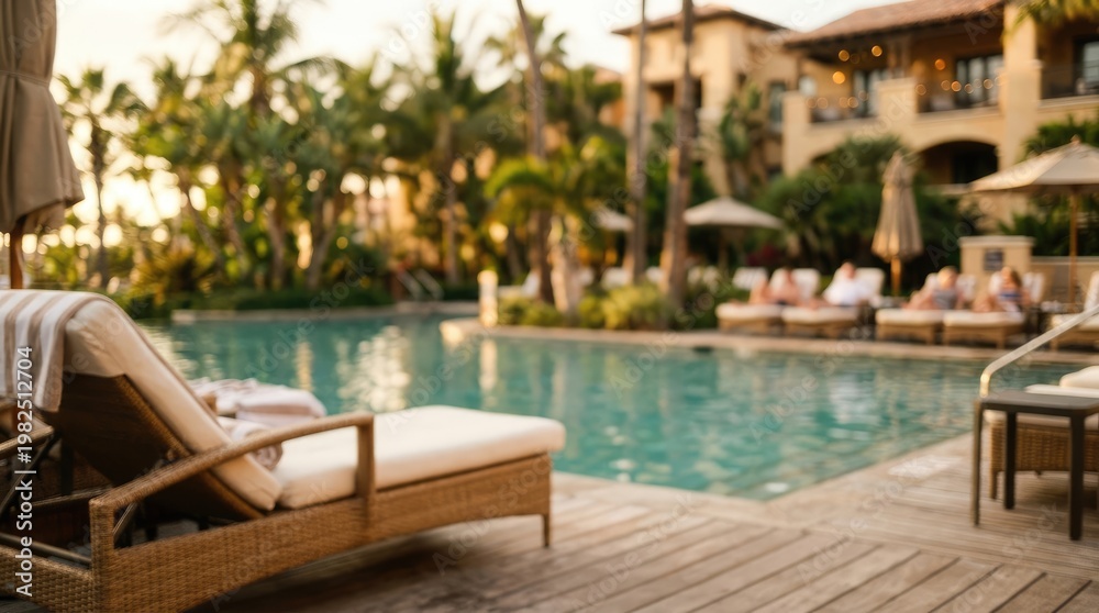 Fototapeta premium Several people relax by a luxurious outdoor swimming pool. A wooden deck surrounds the pool, with lounge chairs and tables.
