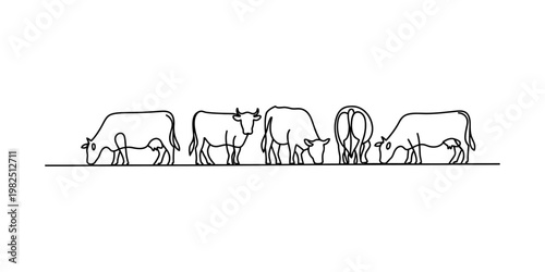 A minimalist black and white line art illustration showing a herd of grazing cows on a field Vector, illustration