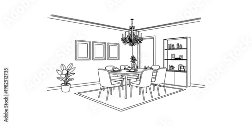 A detailed black and white sketch of a modern dining room interior with elegant furniture design. Vector, illustration
