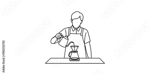 A simple line drawing of a professional barista brewing fresh pour over coffee in a cafe shop Vector, illustration