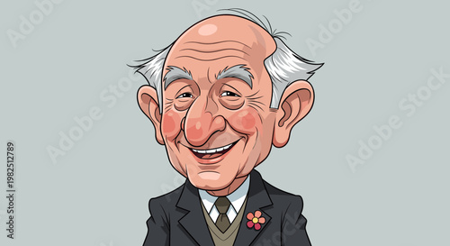 Friendly cartoon caricature of a smiling elderly man with white hair and a flower pin on his suit lapel.