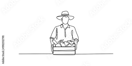 A continuous line drawing of a farmer holding a wooden crate full of fresh harvested vegetables Vector, illustration