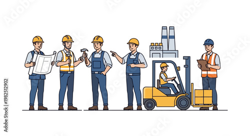 Workers wearing safety gear standing together.