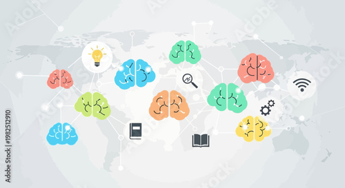 Colorful brains connected on world map representing ideas and innovation