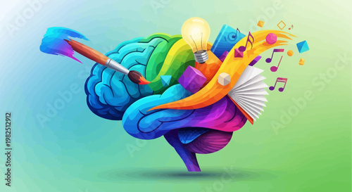 Colorful brain with art supplies lightbulb and musical notes illustration