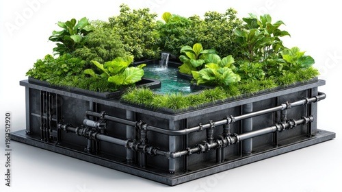 Green Roof Oasis: A meticulously designed miniature landscape showcases a vibrant green roof ecosystem, with lush vegetation and a serene water feature, all contained within a structured framework.