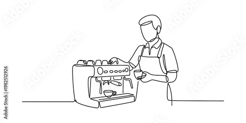 A single continuous line drawing of a professional barista preparing coffee on an espresso machine Vector, illustration