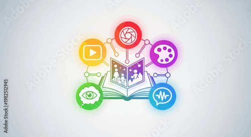 Colorful digital illustration of a book surrounded by multimedia icons