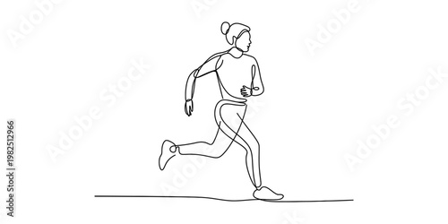 A minimalist single continuous line drawing of a woman in motion while jogging for fitness health Vector, illustration
