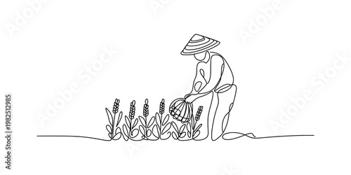 A single continuous line drawing of a traditional farmer tending to a crop of wheat in the field Vector, illustration