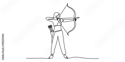 A minimalist single continuous line drawing of a female archer preparing to shoot her longbow Vector, illustration