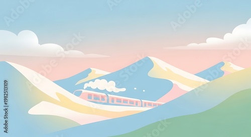 Illustrated train journey through colorful rolling hills and pastel sky