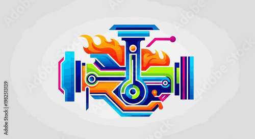Colorful vector illustration of a futuristic engine with flames
