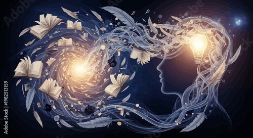 Conceptual artwork of a womans silhouette with knowledge and ideas