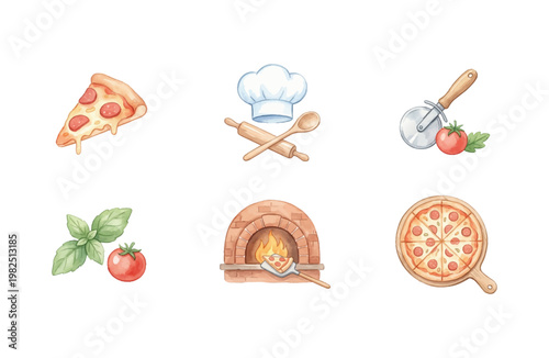 Watercolor Pizza Icon Set with Italian Food Elements and Cooking Tools